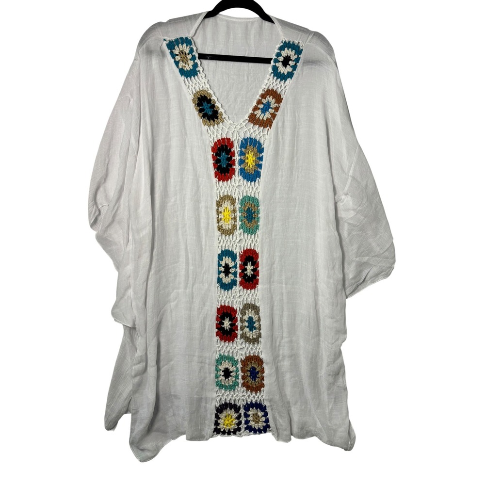 Unbranded White Crochet Granny Square Kaftan Swim Cover Up Boho V-Neck One Size